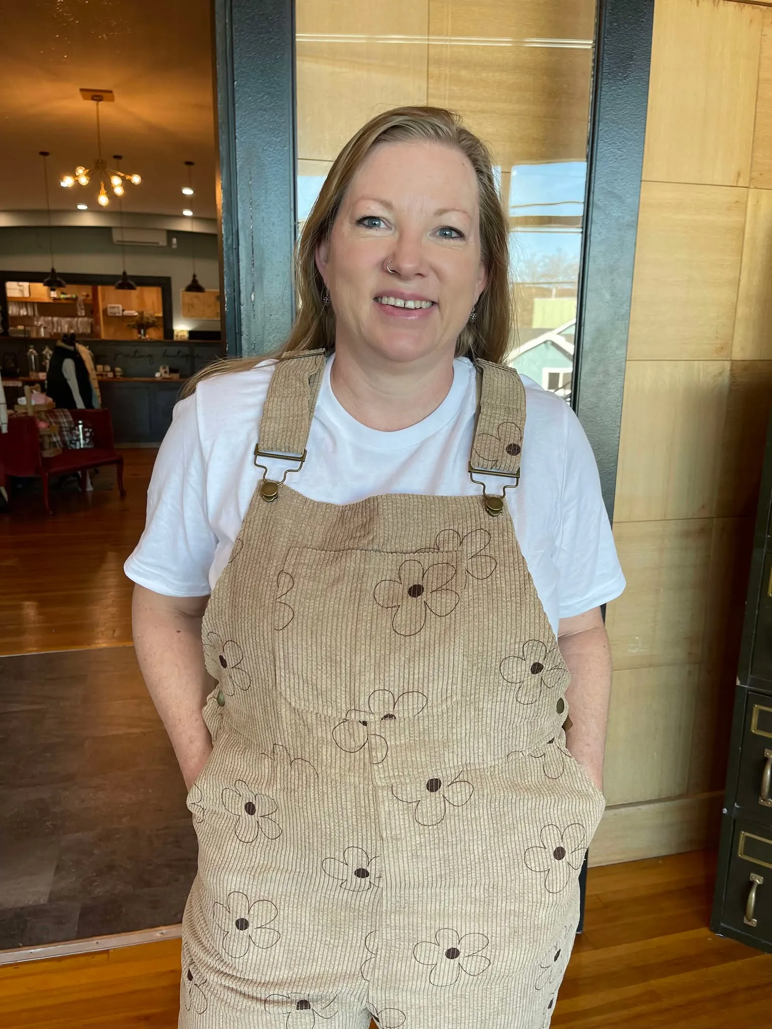 TAN FLOWER PRINT CORDUROY BIB OVERALLS