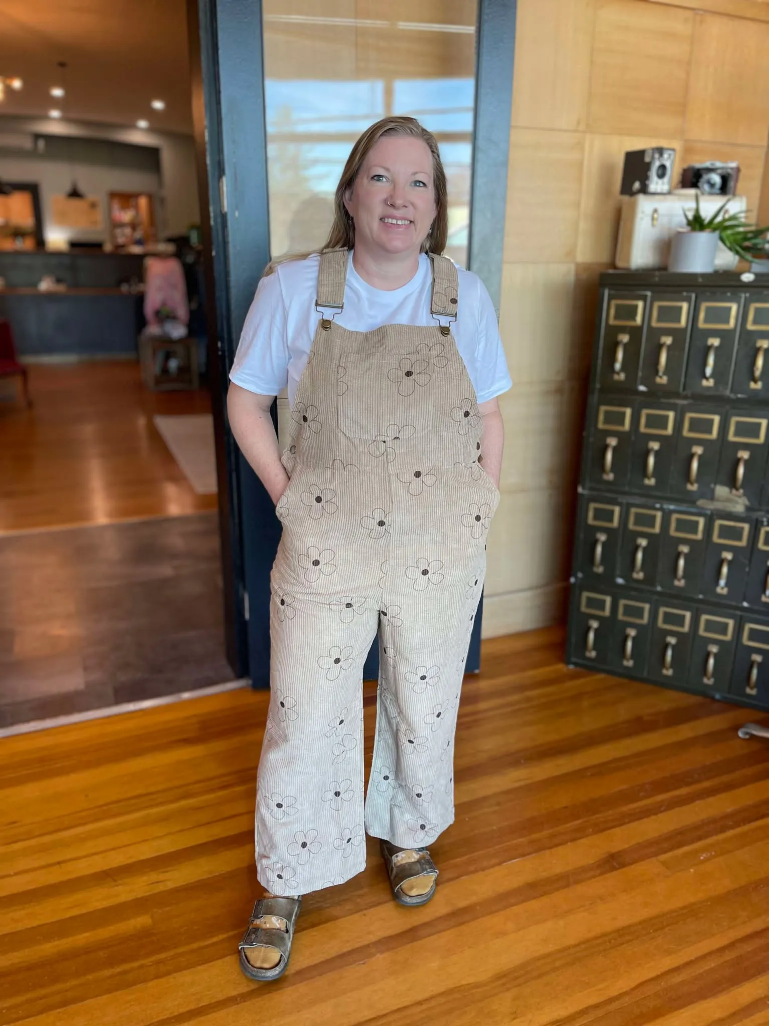 TAN FLOWER PRINT CORDUROY BIB OVERALLS