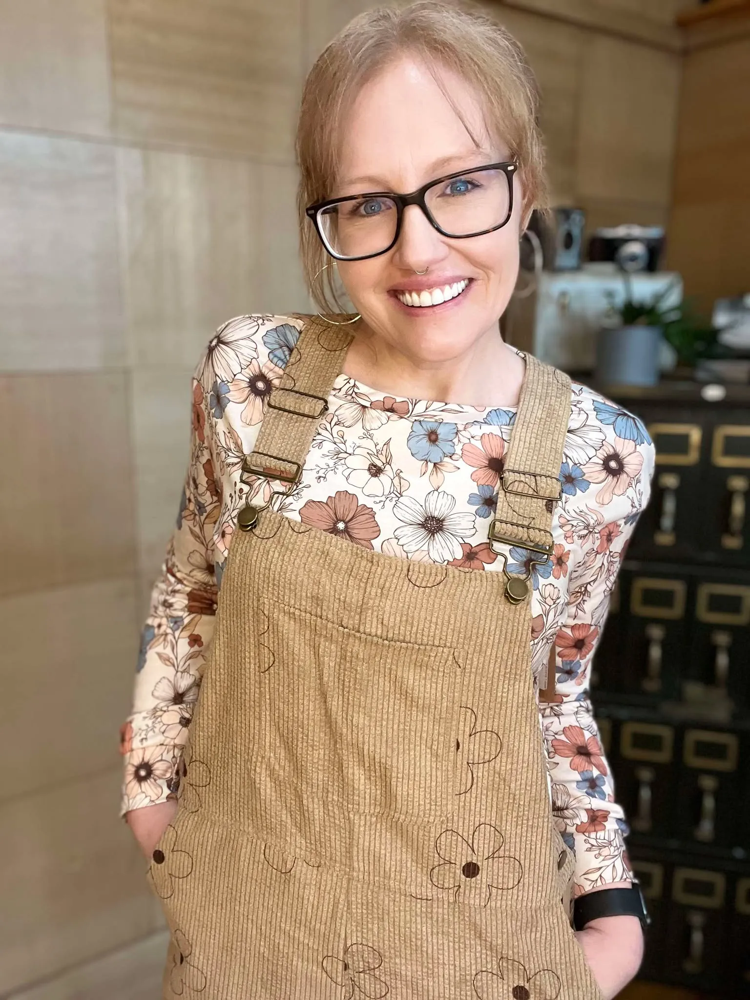 TAN FLOWER PRINT CORDUROY BIB OVERALLS