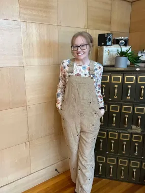 TAN FLOWER PRINT CORDUROY BIB OVERALLS