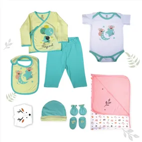 Tiny Lane Magical Flite Infant Gift Set | Pack of 9 - Jhabla, Legging, Onesie, C/B/M, Bib, Blanket, Nappy