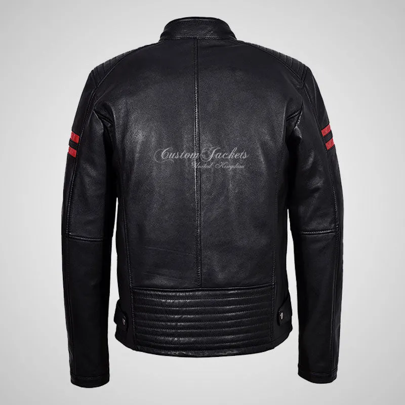TITAN Men's Black Biker Leather Jacket with Red Stripes