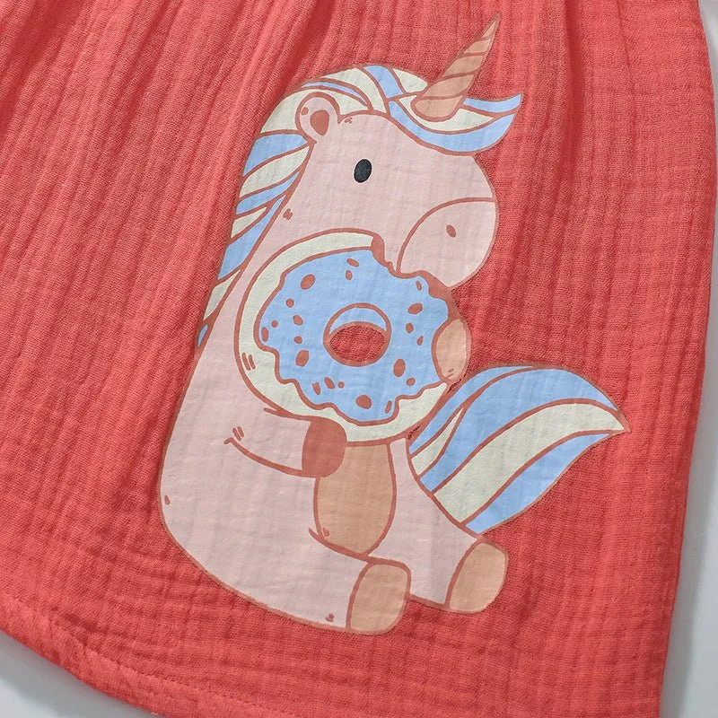Toddler/Kid Girl's Short Sleeve Unicorn with Doughnut Print Design Dress with Leggings Set