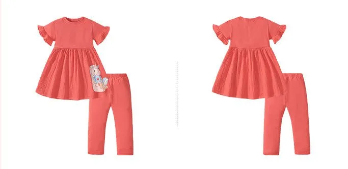 Toddler/Kid Girl's Short Sleeve Unicorn with Doughnut Print Design Dress with Leggings Set