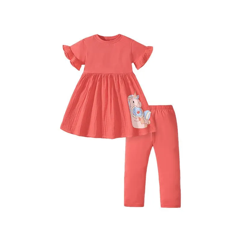 Toddler/Kid Girl's Short Sleeve Unicorn with Doughnut Print Design Dress with Leggings Set