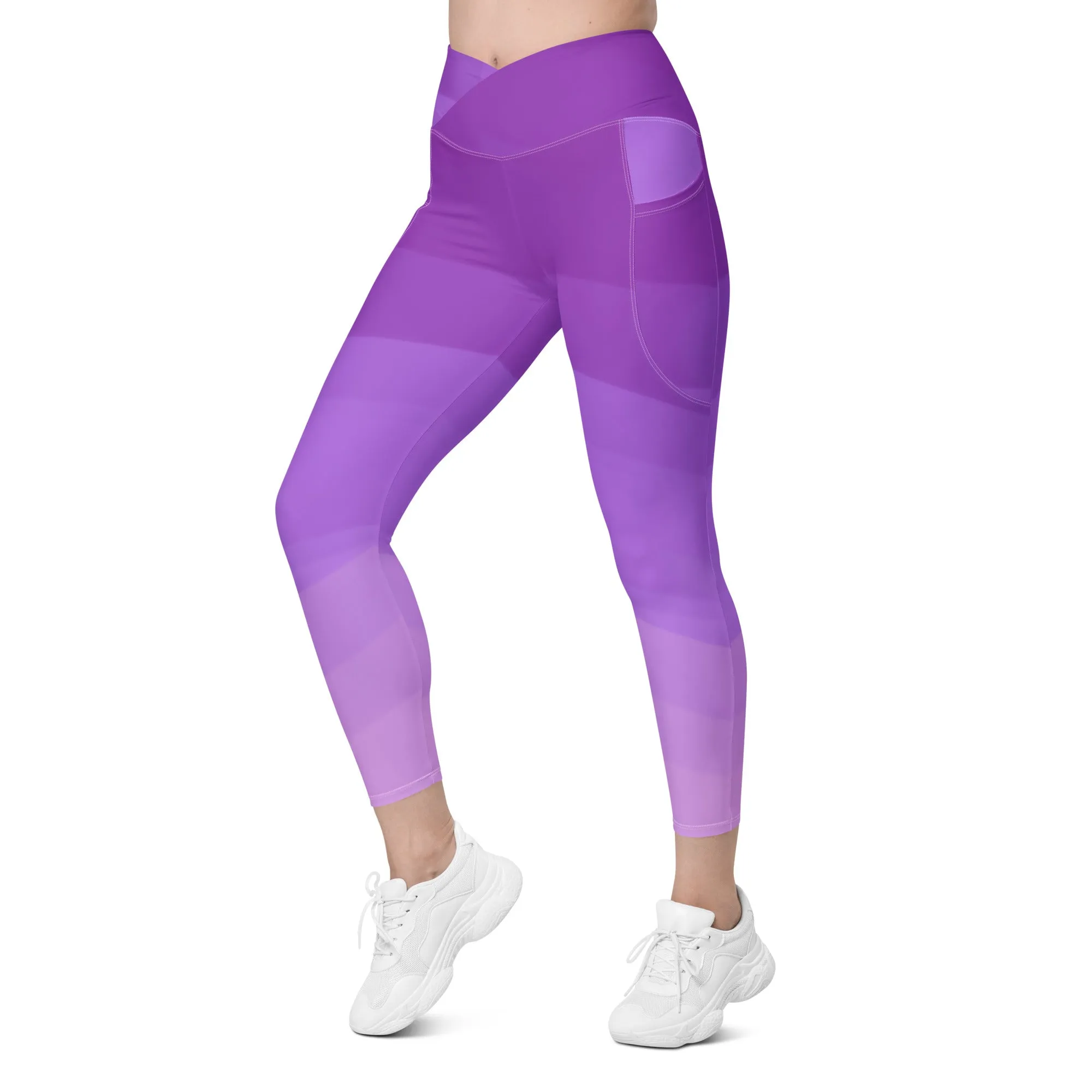 Trendy Purple Tri-Color Crossover Leggings with Pockets, lioness-love