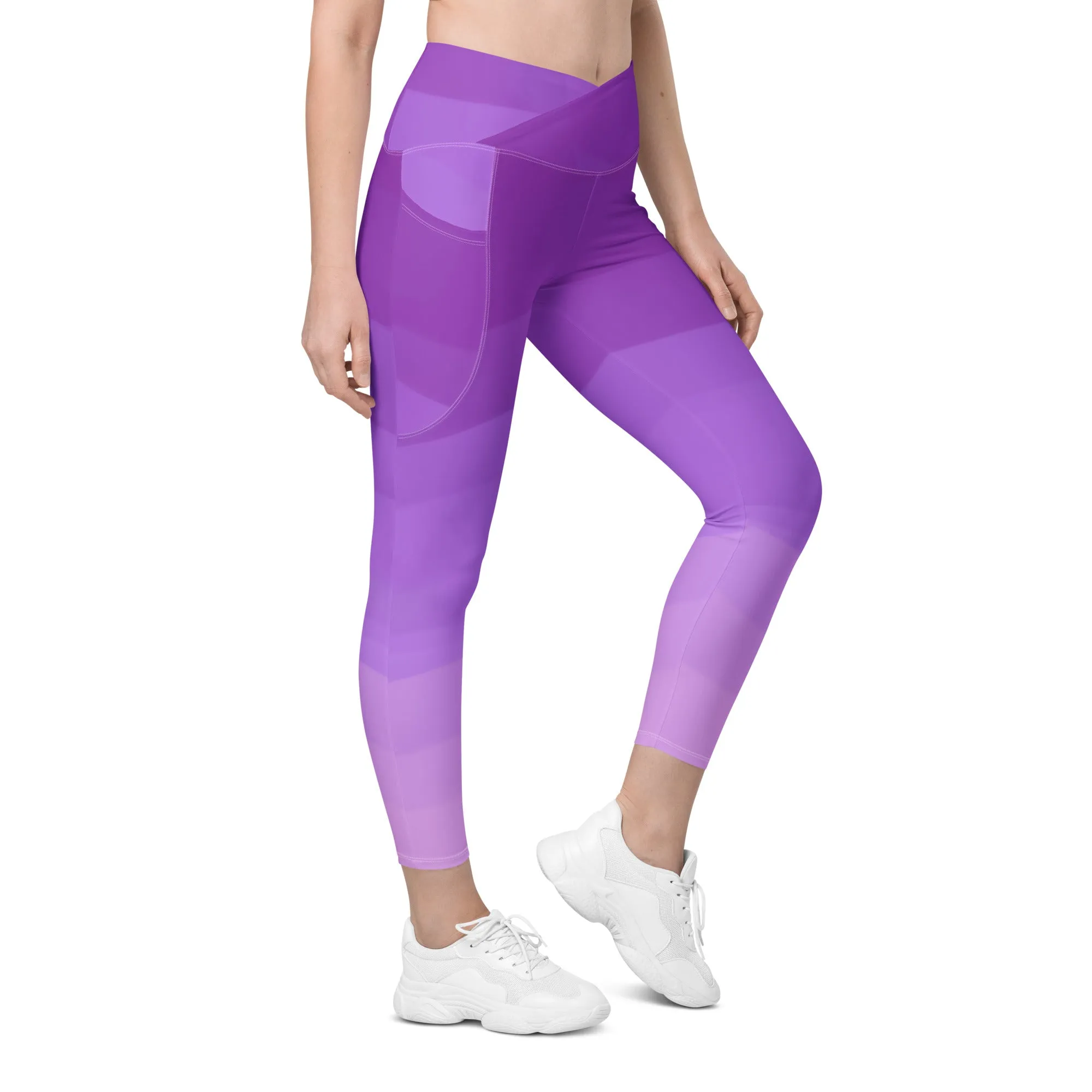 Trendy Purple Tri-Color Crossover Leggings with Pockets, lioness-love