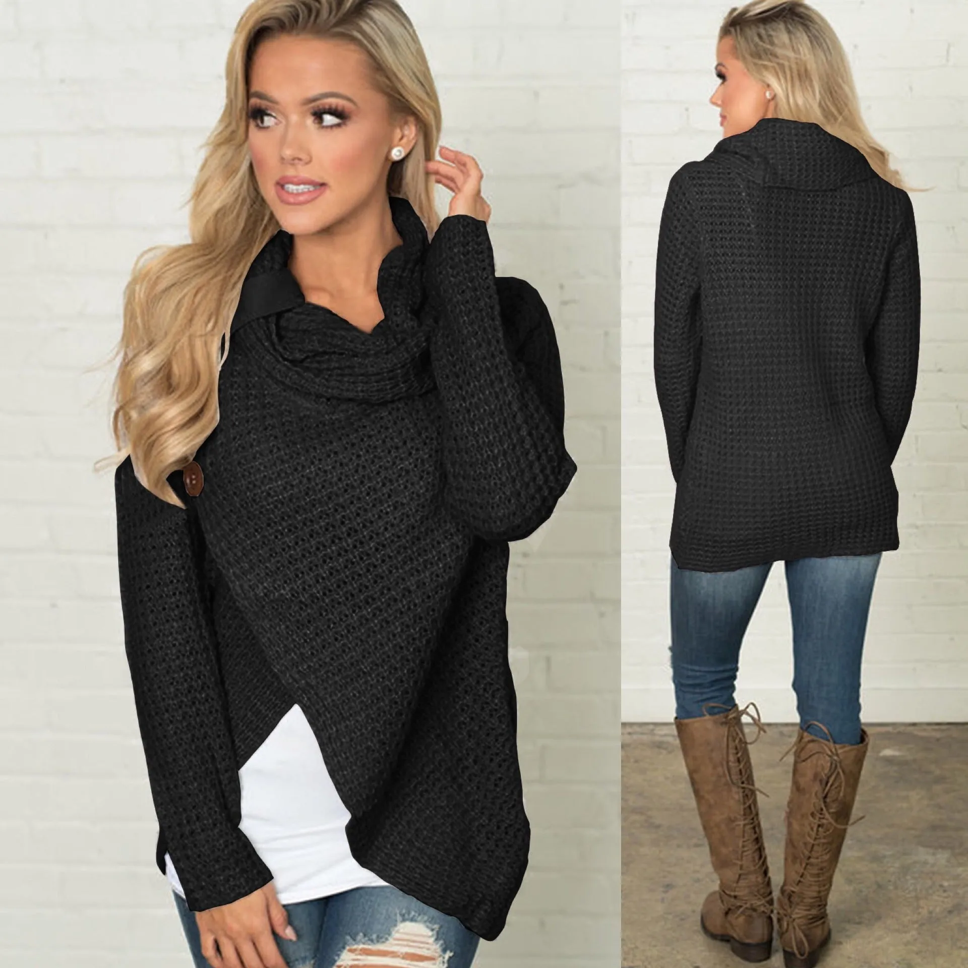 Turtleneck Buttons Irregular Wrapped Women Cardigan