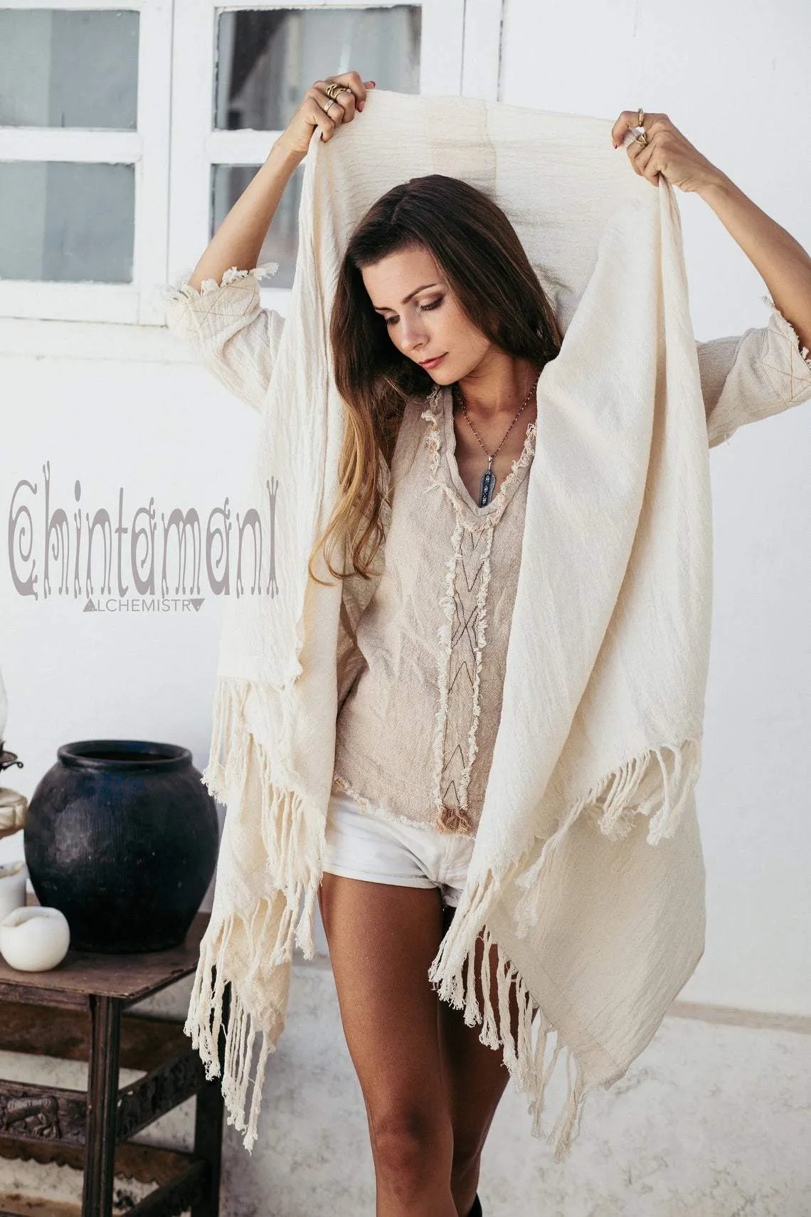 V-Neck Raw Cotton Bohemian Top for Women / Aroha Tino Beige