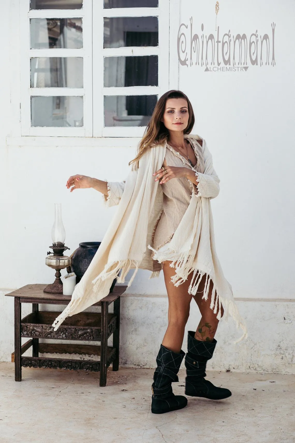 V-Neck Raw Cotton Bohemian Top for Women / Aroha Tino Beige