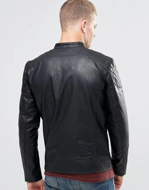 Vitti Black Leather Jacket Men Biker Motorcycle