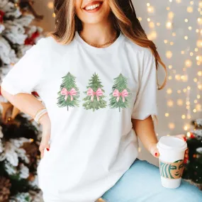 Watercolor Christmas Trees With Pink Bows Wholesale Bella Graphic Tee - Fast Shipping