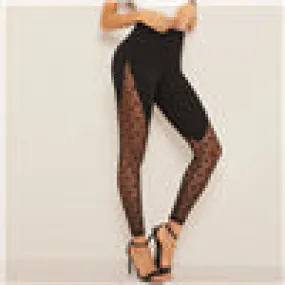 Wide Waistband Star Mesh Panel Black Contrast Mesh Sheer Spring Summer Galaxy Pattern Sexy Women Leggings