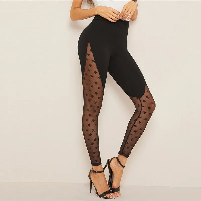 Wide Waistband Star Mesh Panel Black Contrast Mesh Sheer Spring Summer Galaxy Pattern Sexy Women Leggings
