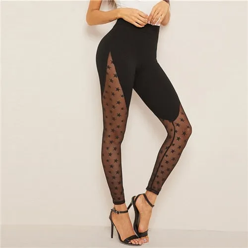 Wide Waistband Star Mesh Panel Black Contrast Mesh Sheer Spring Summer Galaxy Pattern Sexy Women Leggings