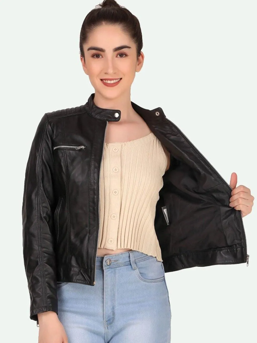 Women Black Leather Crop Outdoor Biker Jacket | QAWACH