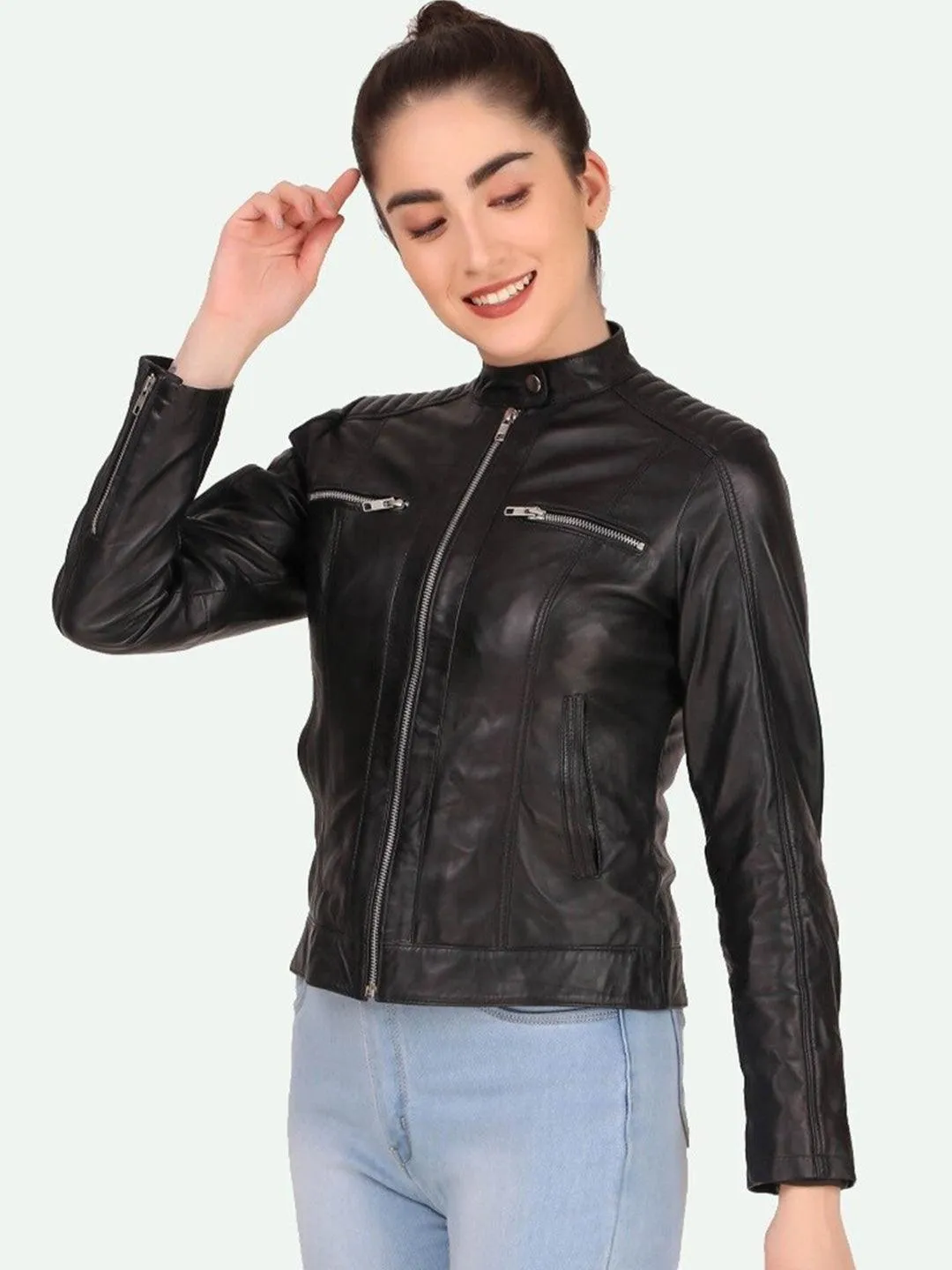 Women Black Leather Crop Outdoor Biker Jacket | QAWACH