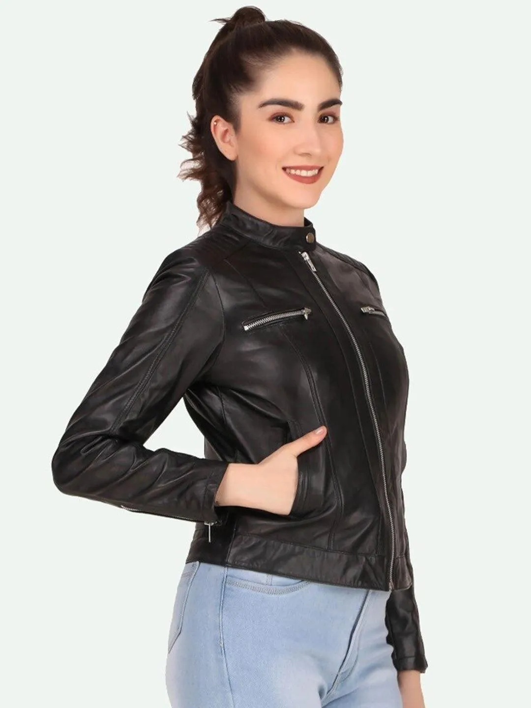 Women Black Leather Crop Outdoor Biker Jacket | QAWACH