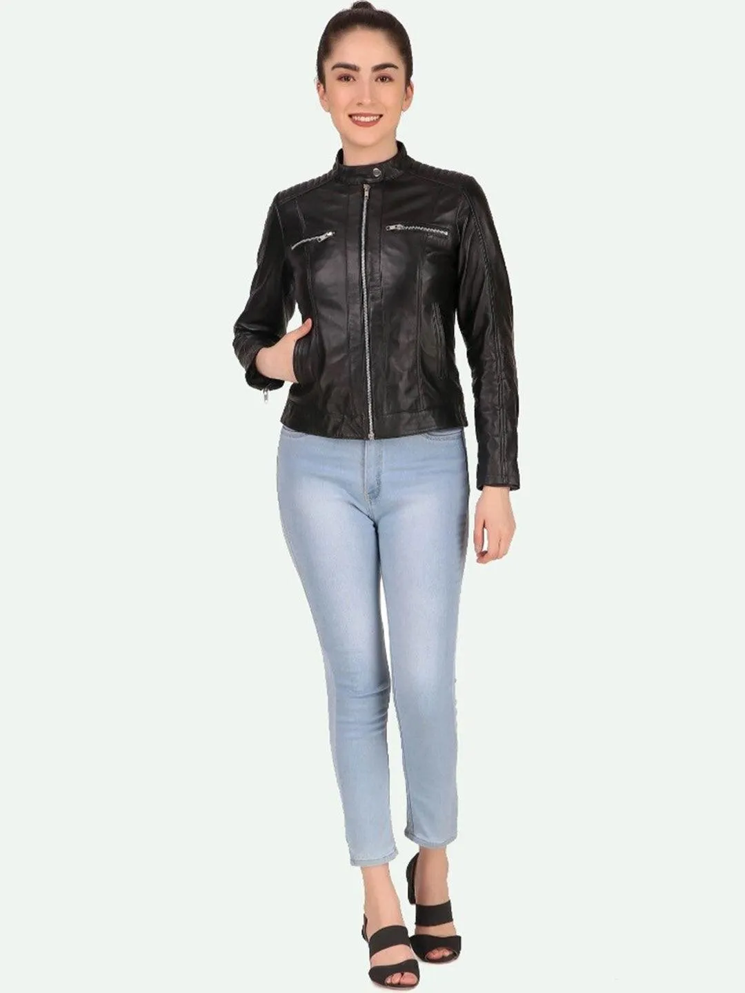 Women Black Leather Crop Outdoor Biker Jacket | QAWACH