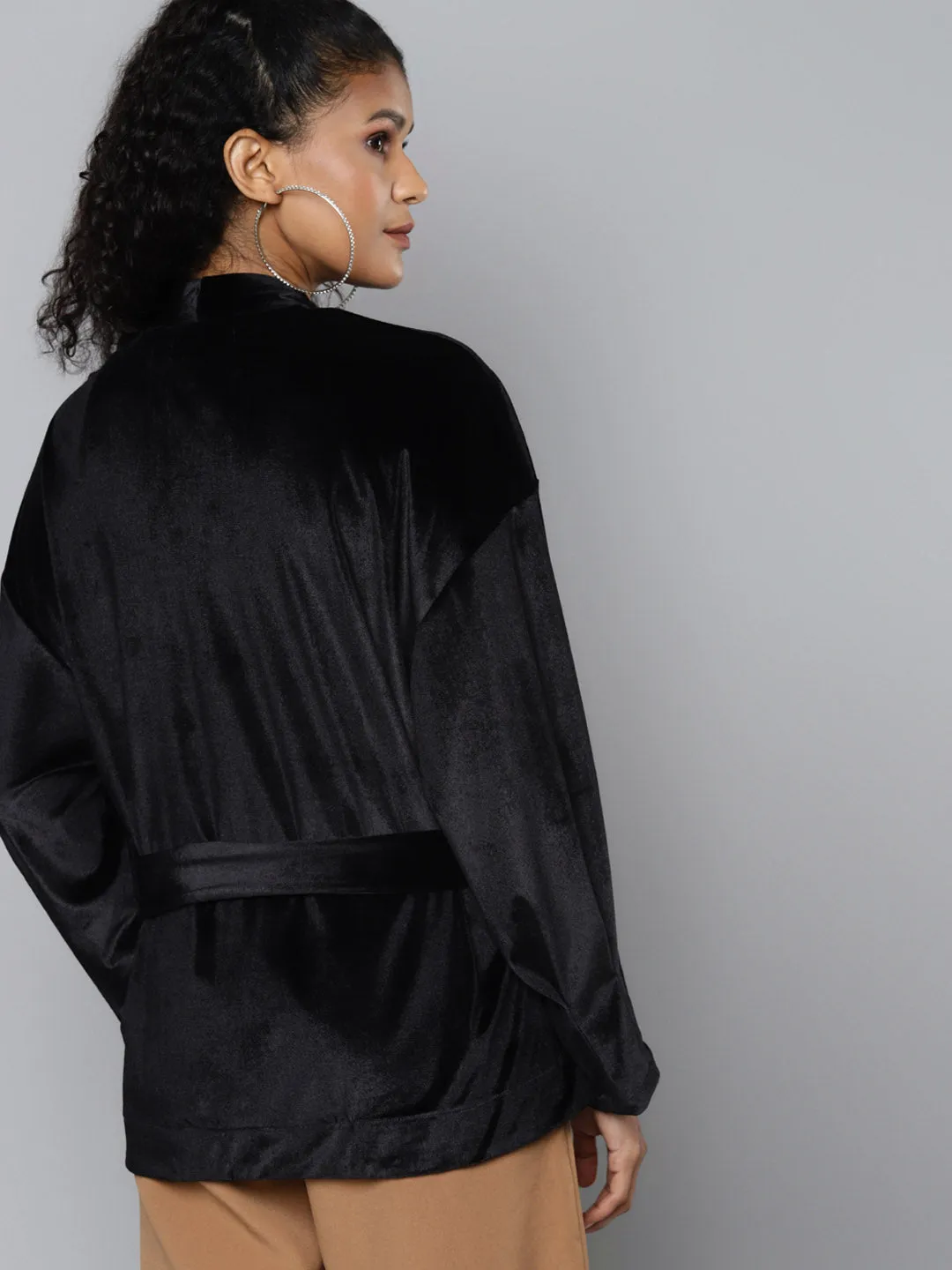 Women Black Velvet Open Belted Kimono
