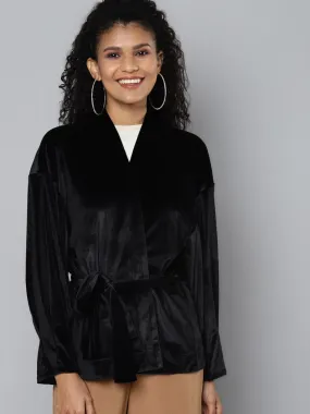 Women Black Velvet Open Belted Kimono