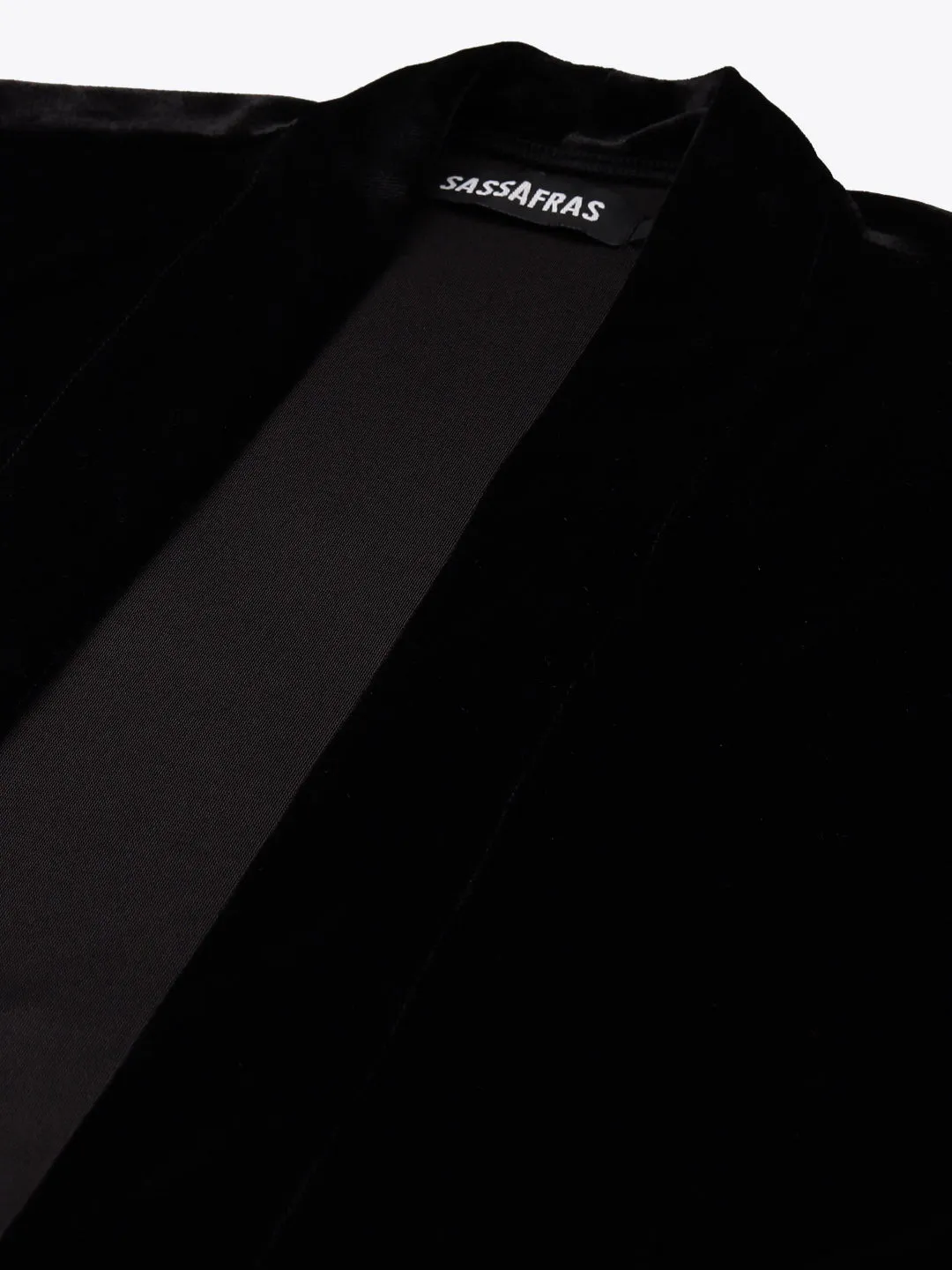 Women Black Velvet Open Belted Kimono