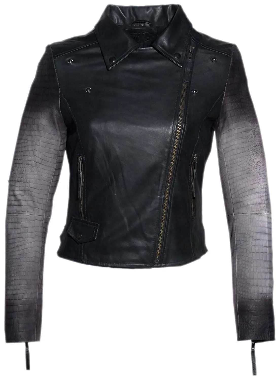 Women Ombre Croco Printed Leather Biker Jacket