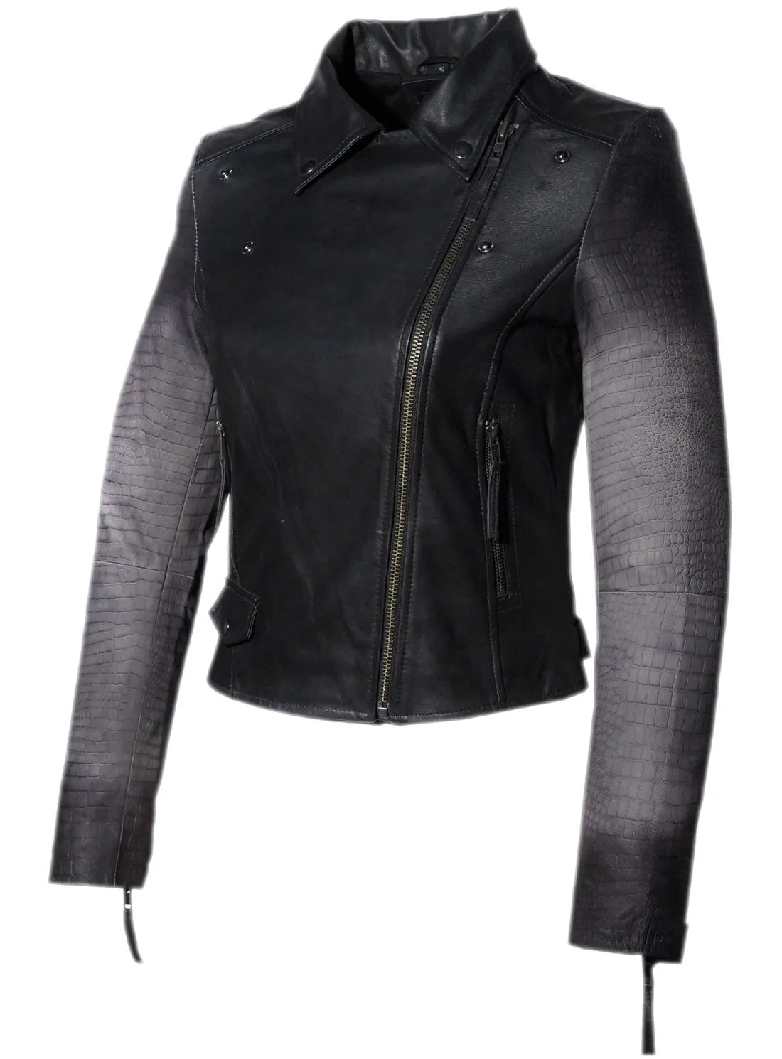 Women Ombre Croco Printed Leather Biker Jacket