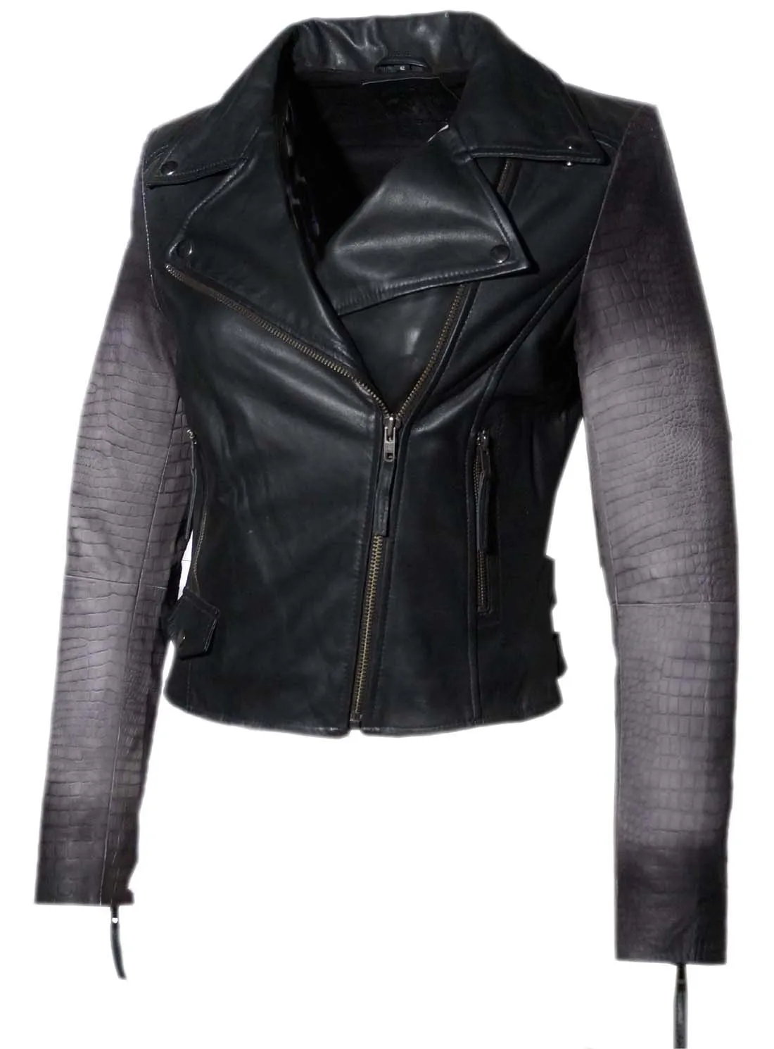 Women Ombre Croco Printed Leather Biker Jacket