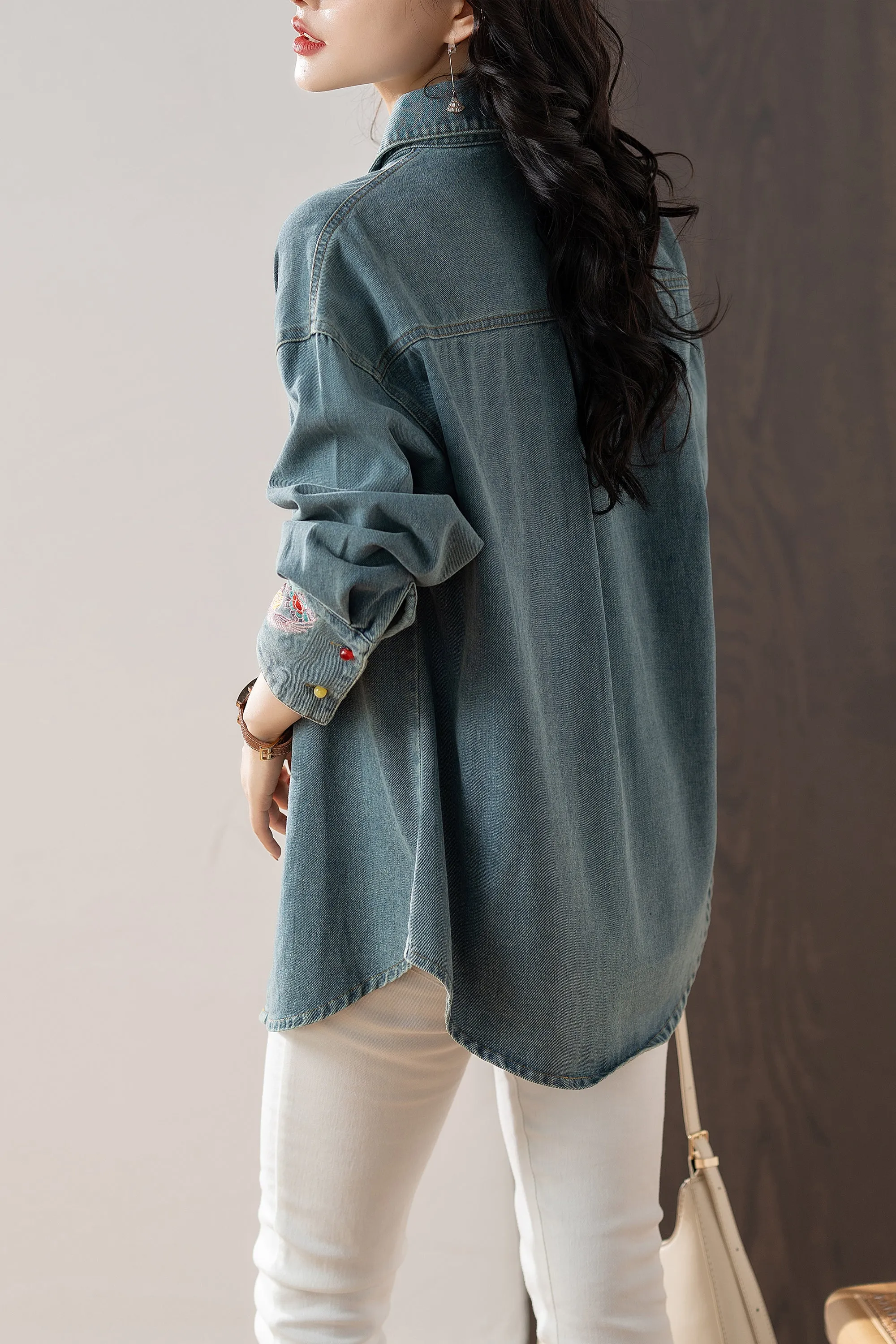 Womens Denim Coat Embroidered Jeans Jacket