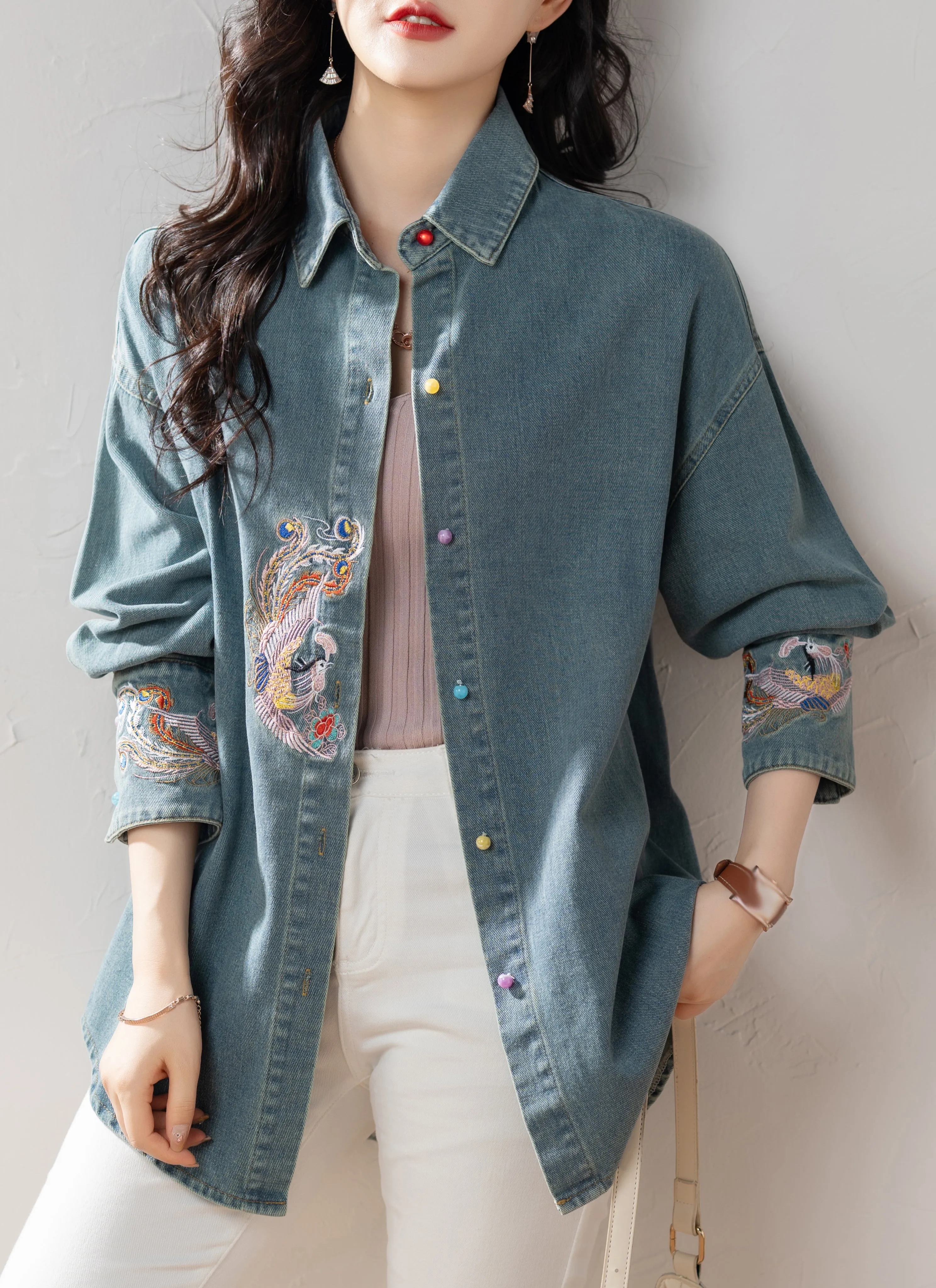 Womens Denim Coat Embroidered Jeans Jacket
