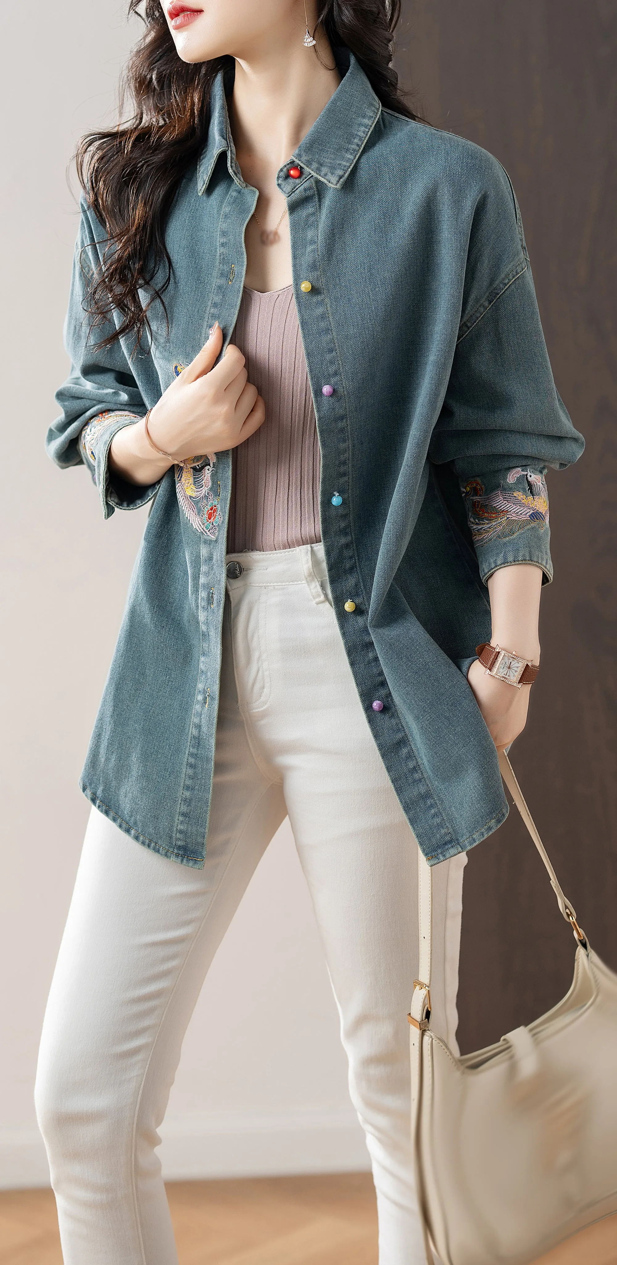 Womens Denim Coat Embroidered Jeans Jacket