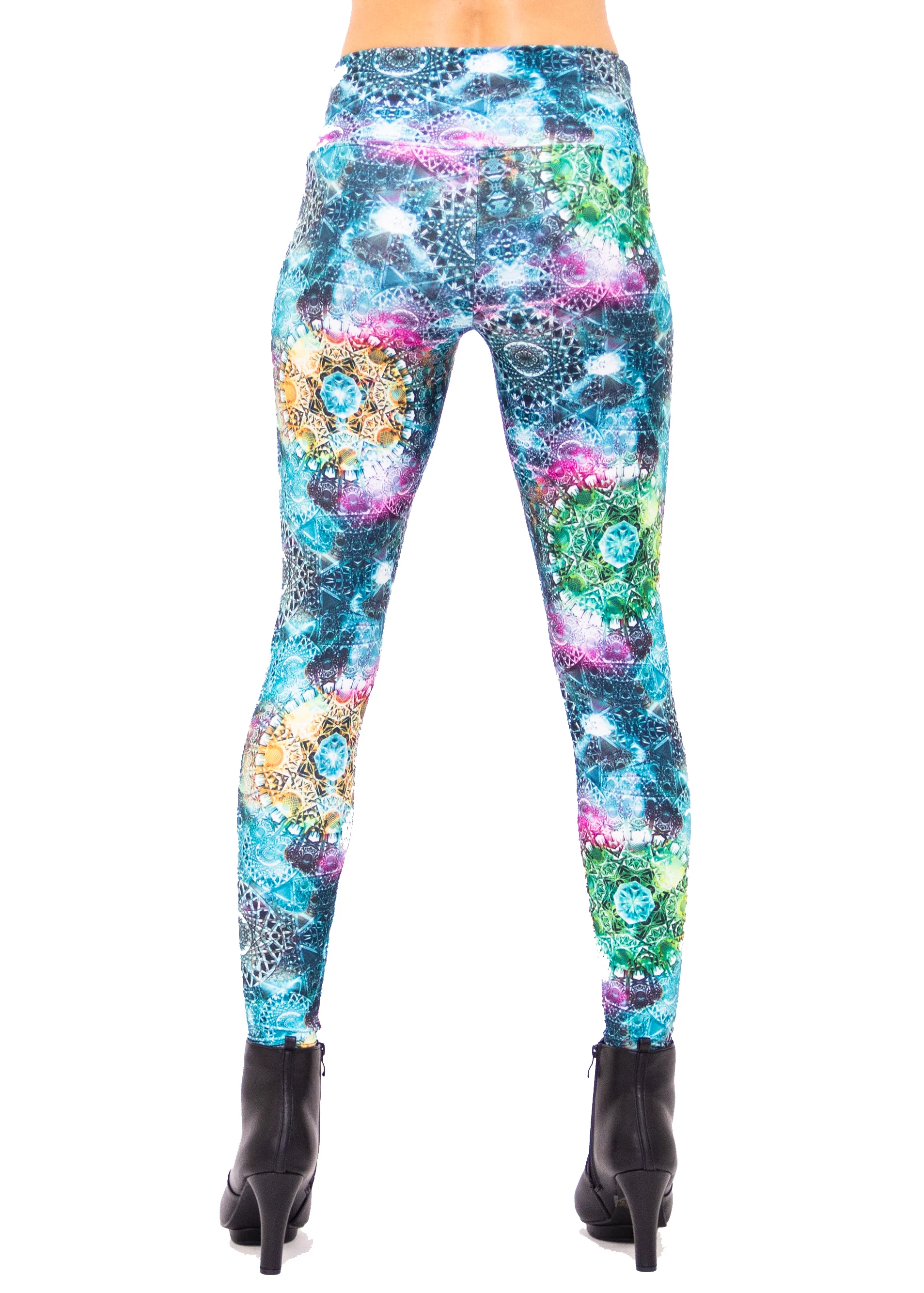 Women's Green Fractal Print Leggings: Holographic - Trippy Tribal