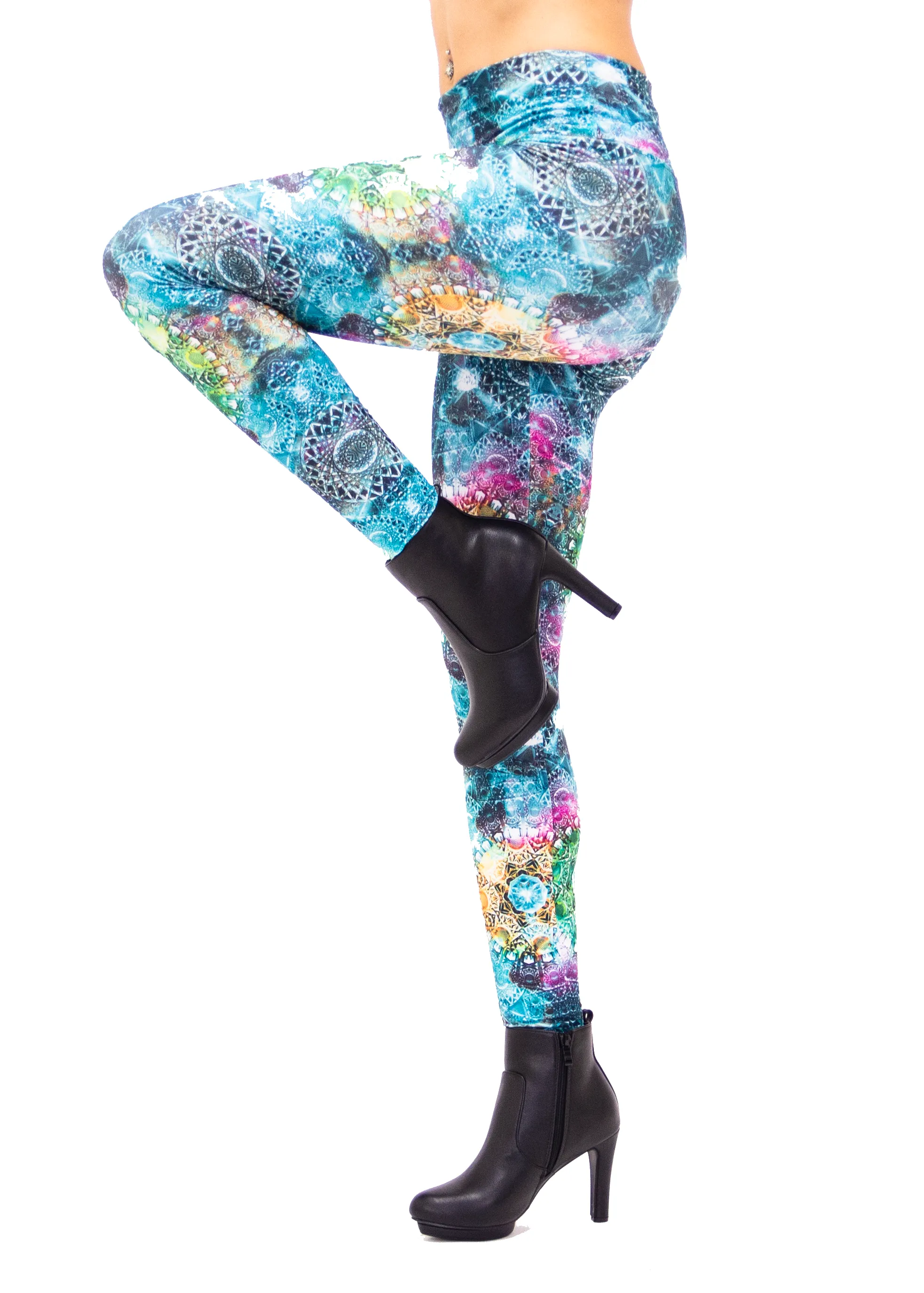 Women's Green Fractal Print Leggings: Holographic - Trippy Tribal