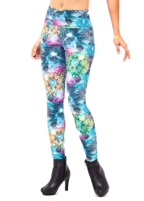 Women's Green Fractal Print Leggings: Holographic - Trippy Tribal