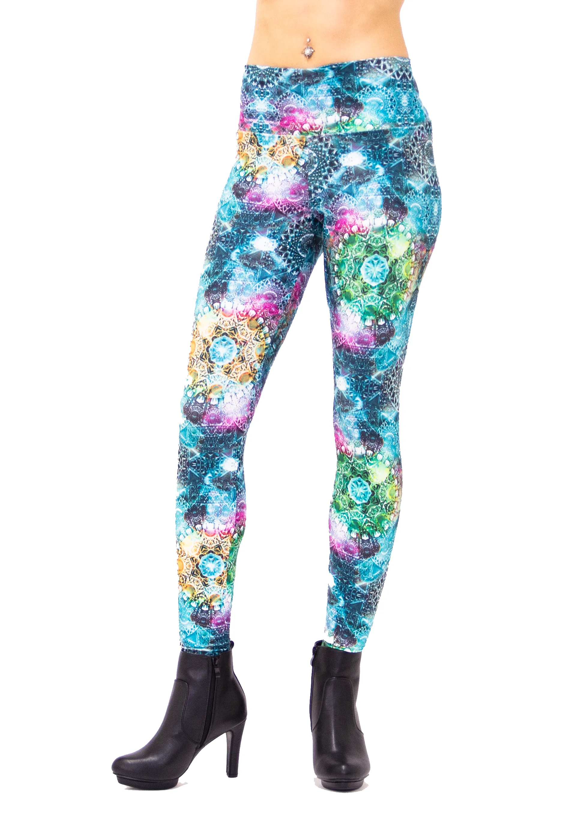 Women's Green Fractal Print Leggings: Holographic - Trippy Tribal