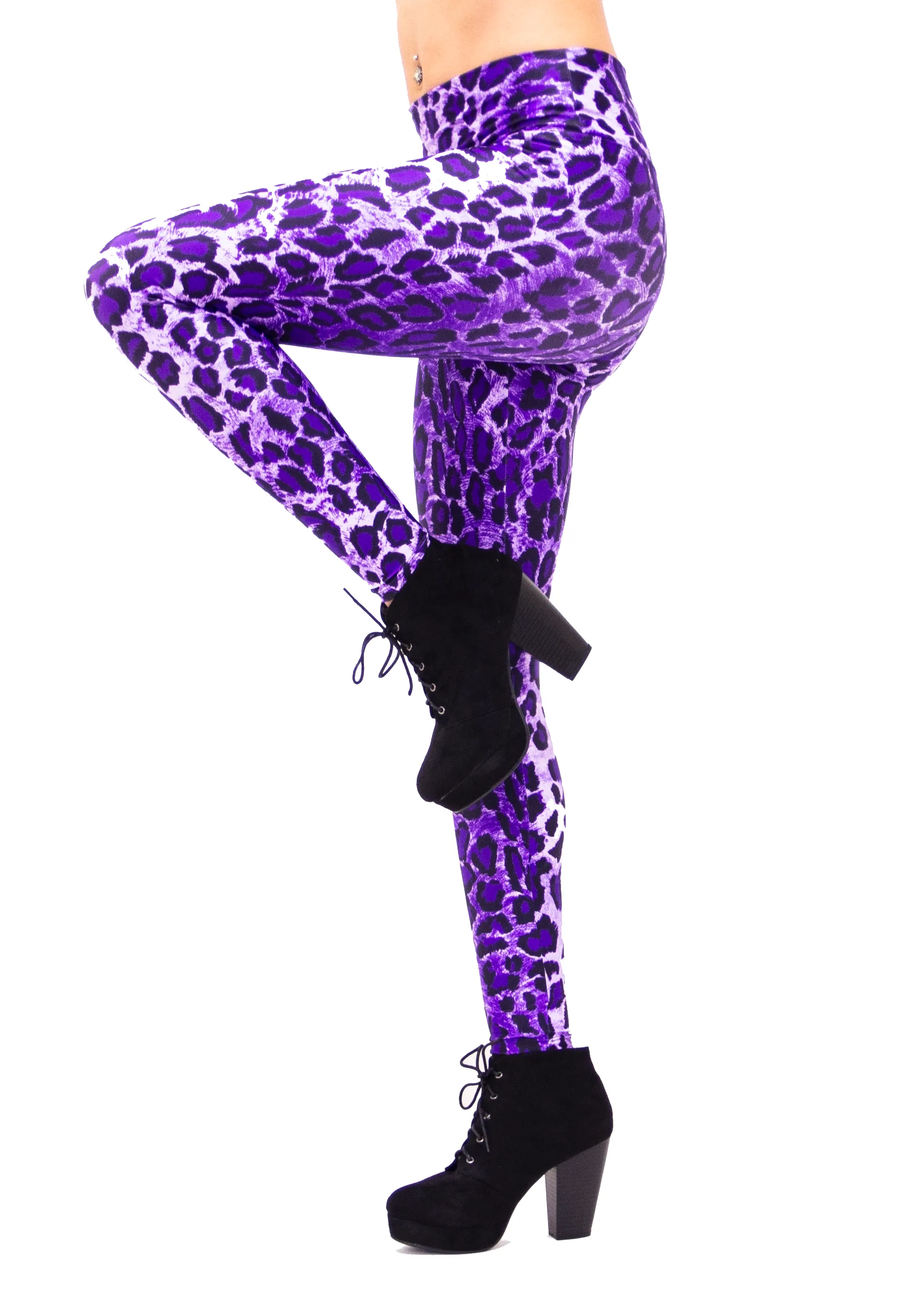 Women's Purple Leopard Print Leggings: UV Black Light Reactive - Pleasantly Purple