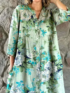 Women's Rose Floral Print Elegant Simple Shirt Cotton and Linen Dress