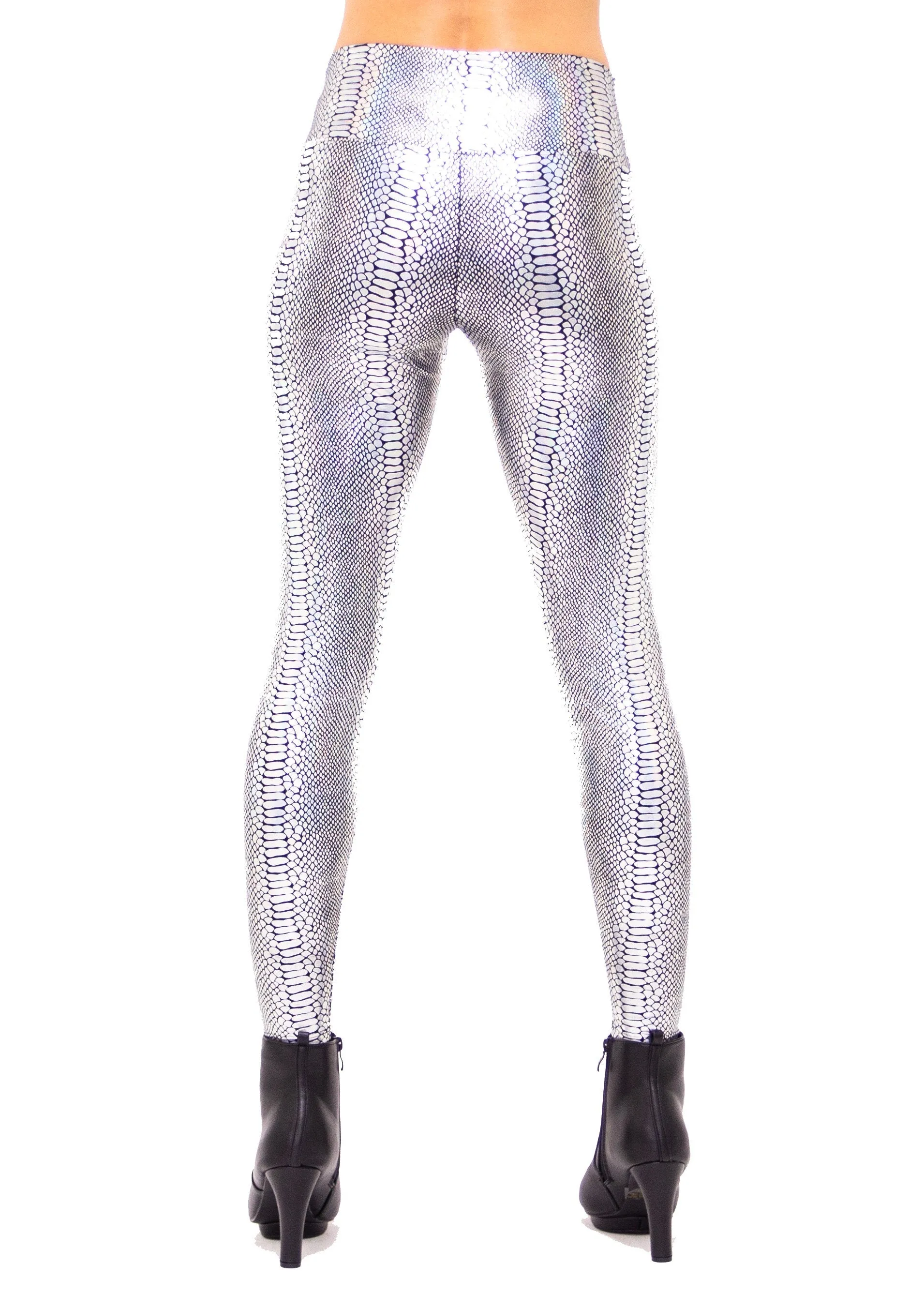 Women's Snake Silver Print Leggings: Holographic - Sassy Silver